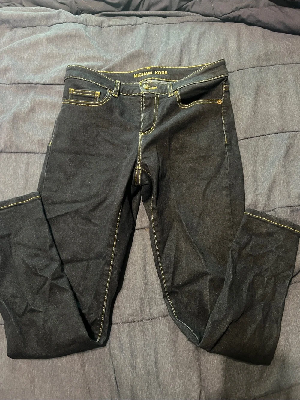 Michael Kors Men's Black Skinny Jeans with Yellow Contrast Stitching